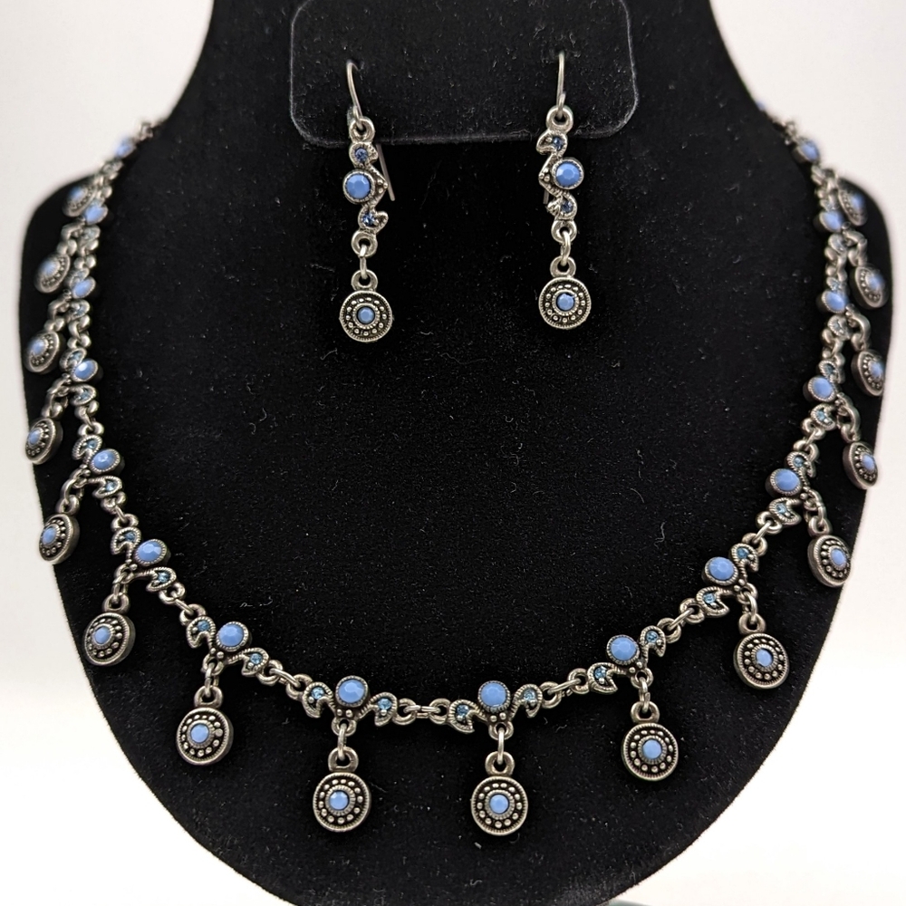 Premier Designs Dangle Necklace and Earrings Set Silvertone Metal Blue Crystals